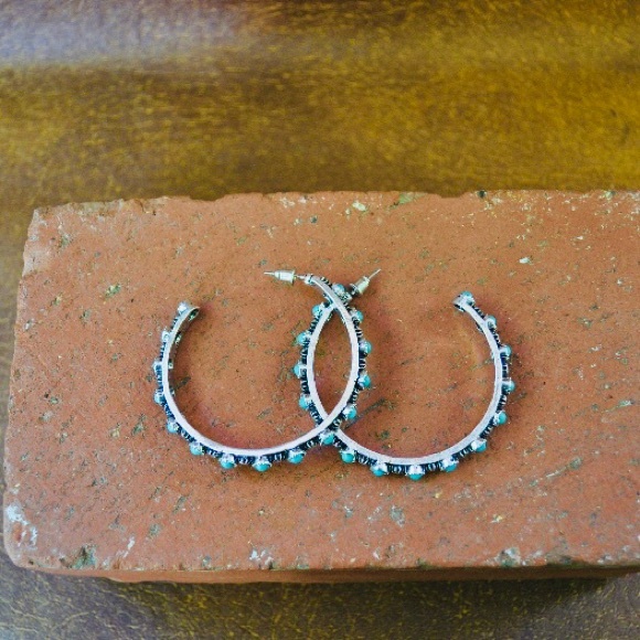 Antique Silver Turquoise Hoop Earrings - Picture 3 of 7